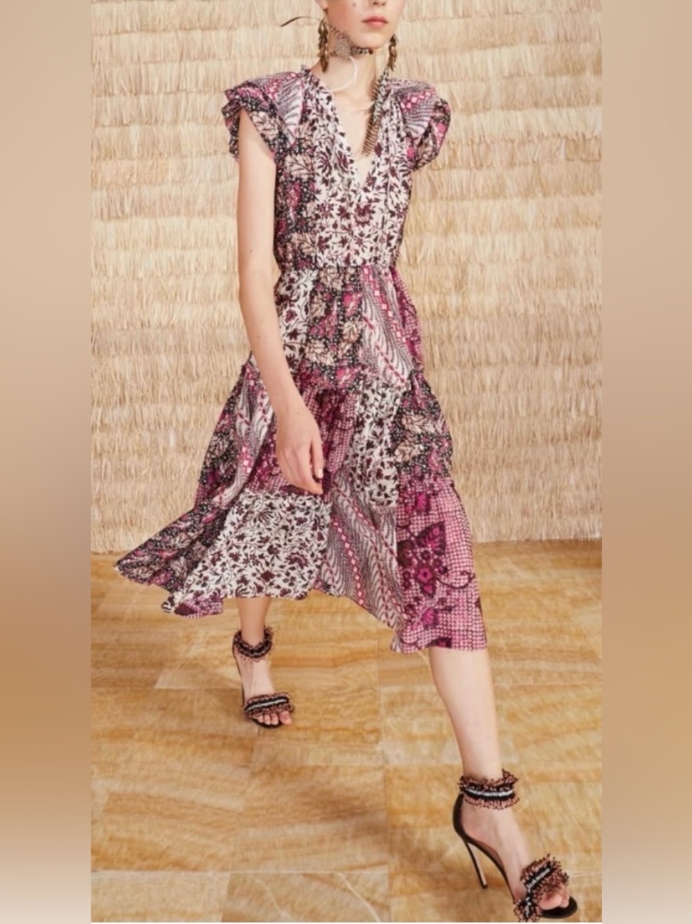 Ulla Johnson Asis Dress Midi Patchwork Size 0 Fuchsia Flutter Ruffle Feminine